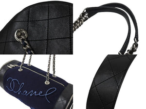 Very Good Condition CHANEL Embroidered Boston Bag No. 26 Made in Italy Wool Leather Navy Blue Silver Hardware Used 4c072508