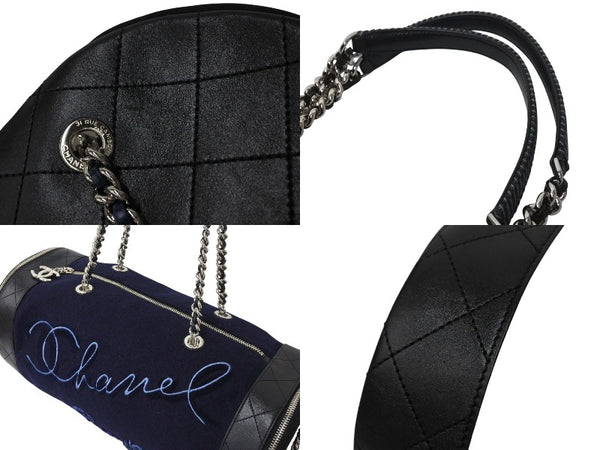 Very Good Condition CHANEL Embroidered Boston Bag No. 26 Made in Italy Wool Leather Navy Blue Silver Hardware Used 4c072508