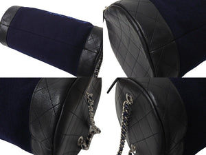 Very Good Condition CHANEL Embroidered Boston Bag No. 26 Made in Italy Wool Leather Navy Blue Silver Hardware Used 4c072508