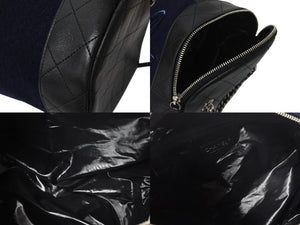 Very Good Condition CHANEL Embroidered Boston Bag No. 26 Made in Italy Wool Leather Navy Blue Silver Hardware Used 4c072508