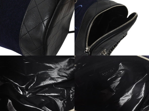 Very Good Condition CHANEL Embroidered Boston Bag No. 26 Made in Italy Wool Leather Navy Blue Silver Hardware Used 4c072508