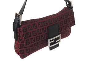 FENDI フェンディ マンマバケット ズッキーノ ワンショルダーバッグ キャンバス レザー レッド ブラック シルバー金具 美品 中古 4c072512