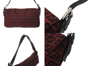 FENDI フェンディ マンマバケット ズッキーノ ワンショルダーバッグ キャンバス レザー レッド ブラック シルバー金具 美品 中古 4c072512