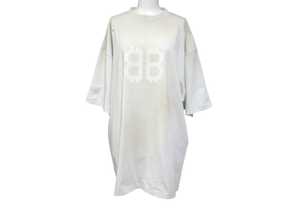 極美品 BALENCIAGA バレンシアガ 半袖Ｔシャツ BBロゴ ダメージ加工 グレー コットン 739784 サイズS 中古 4c072573