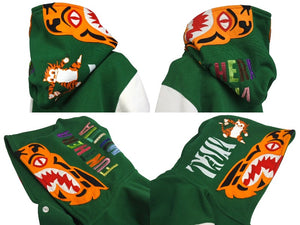 極美品 A Bathing Ape アベイシングエイプ TIGER タイガー ワッペン スタジアムジャケット コットン グリーン ホワイト M 中古 4c072616