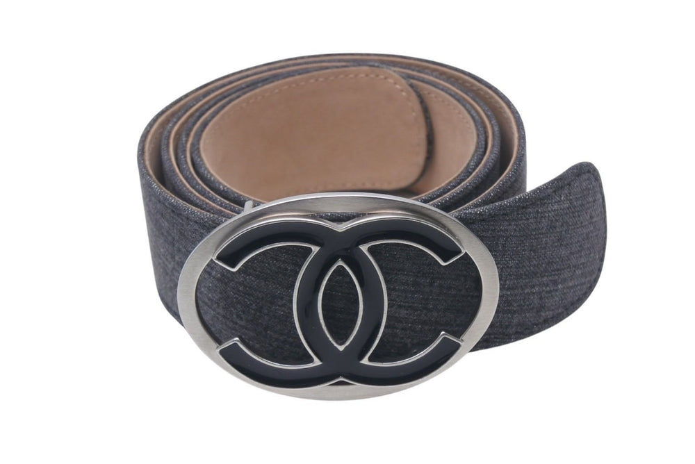 CHANEL Denim leather belt size 90/36 here mark buckle 07P stamp gray beige good condition used 4c072692