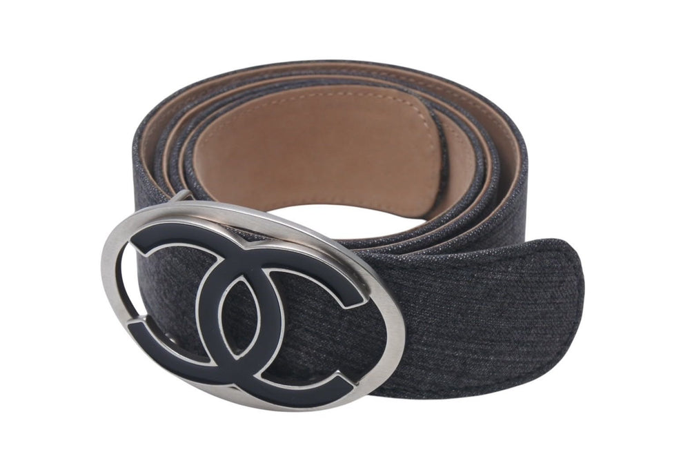 CHANEL Denim leather belt size 90/36 here mark buckle 07P stamp gray beige good condition used 4c072692