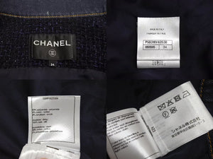 極美品 CHANEL シャネル ツイード デニムジャケット ココマークボタン P58316V42538 ブルー ブラック サイズ34 中古 4c072760