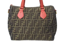 Load image into Gallery viewer, FENDI フェンディ ズッカ柄 ハンドバッグ ブラウン レッド キャンバス レザー 8BL121 ロゴ 鞄 ゴールド金具 美品 中古 4c072820