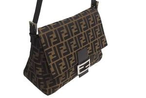 極美品 FENDI フェンディ ズッカ柄 マンマバケット ワンショルダーバッグ ブラウン ロゴ コットンキャンバス レザー ハンドバッグ ロゴ 美品 中古 4c072821