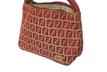 画像をギャラリービューアに読み込む, FENDI フェンディ ズッキーノ柄 ミニ ハンドバッグ レッド ロゴ ポーチバッグ キャンバス ゴールド金具 美品 中古 4c072844