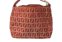 画像をギャラリービューアに読み込む, FENDI フェンディ ズッキーノ柄 ミニ ハンドバッグ レッド ロゴ ポーチバッグ キャンバス ゴールド金具 美品 中古 4c072844