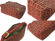 画像をギャラリービューアに読み込む, FENDI フェンディ ズッキーノ柄 ミニ ハンドバッグ レッド ロゴ ポーチバッグ キャンバス ゴールド金具 美品 中古 4c072844