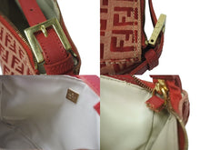 画像をギャラリービューアに読み込む, FENDI フェンディ ズッキーノ柄 ミニ ハンドバッグ レッド ロゴ ポーチバッグ キャンバス ゴールド金具 美品 中古 4c072844