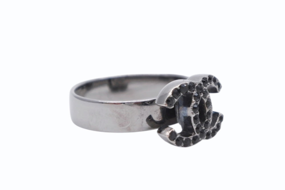 CHANEL Coco Mark Ring Weight Approximately 4g 09P Stamp Size 10 Rhinestone Metal Silver Black Good Condition Used 4c073137