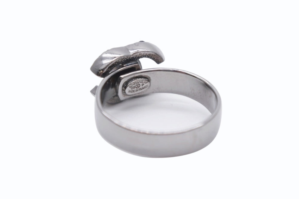 CHANEL Coco Mark Ring Weight Approximately 4g 09P Stamp Size 10 Rhinestone Metal Silver Black Good Condition Used 4c073137