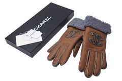 Very Good Condition CHANEL Cocomark Gloves 2000s Made in France Sheepskin Brown Gray Used 4c073182
