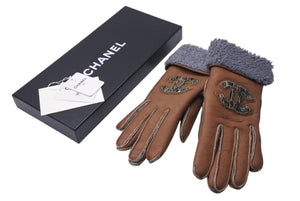 Very Good Condition CHANEL Cocomark Gloves 2000s Made in France Sheepskin Brown Gray Used 4c073182