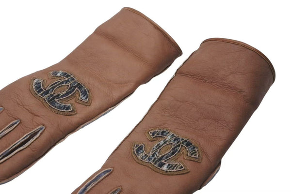 Very Good Condition CHANEL Cocomark Gloves 2000s Made in France Sheepskin Brown Gray Used 4c073182