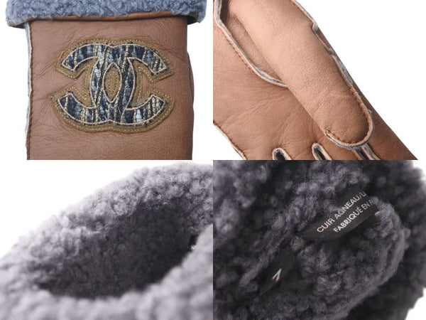 Very Good Condition CHANEL Cocomark Gloves 2000s Made in France Sheepskin Brown Gray Used 4c073182