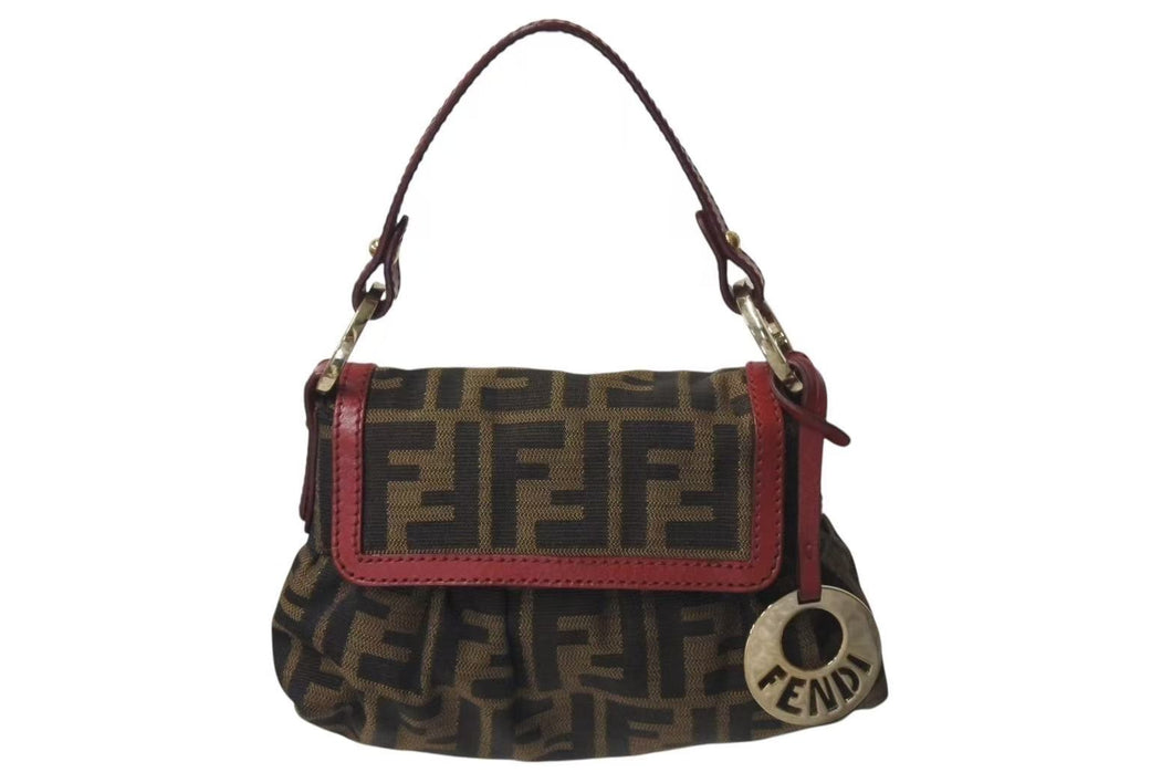 FENDI フェンディ マンマバケット ハンドバッグ ショルダーバッグ ズッカ柄 2000s キャンバス レザー ブラウン レッド 美品 中古 4c073187