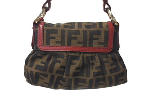 FENDI フェンディ マンマバケット ハンドバッグ ショルダーバッグ ズッカ柄 2000s キャンバス レザー ブラウン レッド 美品 中古 4c073187