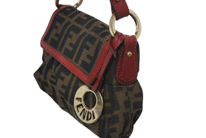 FENDI フェンディ マンマバケット ハンドバッグ ショルダーバッグ ズッカ柄 2000s キャンバス レザー ブラウン レッド 美品 中古 4c073187