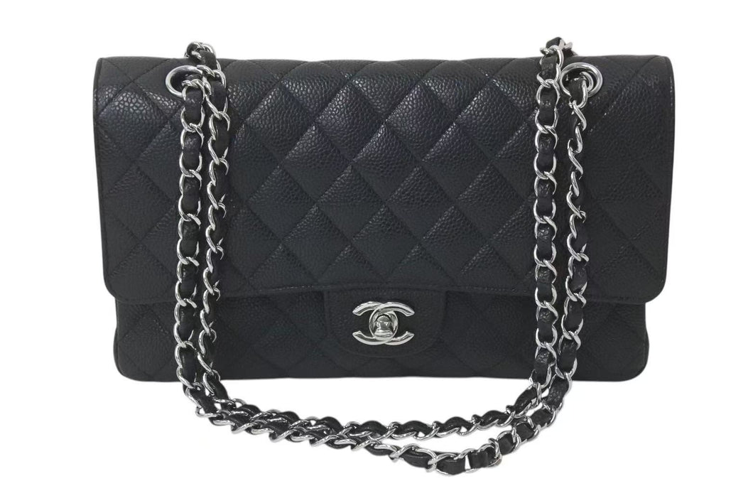 CHANEL シャネル ショルダーバッグ マトラッセ25 キャビアスキン ダブルフラップ ダブルチェーン ブラック シルバー金具 15番台 A01112 美品 中古 4c073193