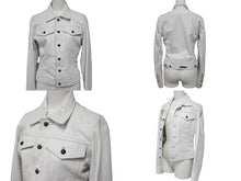 画像をギャラリービューアに読み込む, CHROME HEARTS クロムハーツ レディース デニムジャケット クロスボールボタン レザー シルバー925 ホワイト 美品 中古 4c073444