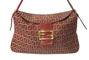 FENDI フェンディ ズッキーノ ショルダーバッグ キャンバス レザー メタル イタリア製 レッド ベージュ ゴールド金具 美品 中古 4c073468