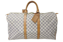 画像をギャラリービューアに読み込む, LOUIS VUITTON ルイヴィトン キーポル50 ボストンバッグ N41430 ダミエアズールキャンバス ヌメ革 ホワイト 美品 中古 4c073574