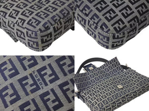 FENDI フェンディ ズッカ柄 マンマバケット ショルダーバッグ キャンバス レザー グレー ネイビー シルバー金具 美品 中古 4c073602