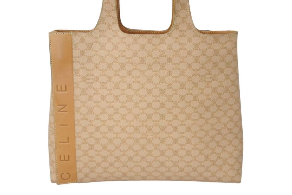 CELINE セリーヌ マカダム ロゴ ヴィンテージ ハンドバッグ ベージュ ロゴ PVC レザー 鞄 ゴールド金具 良品 中古 4c073669