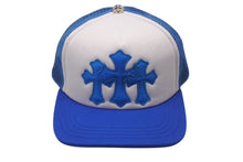 画像をギャラリービューアに読み込む, 新品未使用 CHROME HEARTS クロムハーツ トラッカーキャップ CHクロスパッチ ONE SIZE メッシュ ブルー シルバー925 中古 4c0073855