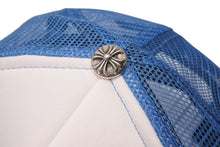 画像をギャラリービューアに読み込む, 新品未使用 CHROME HEARTS クロムハーツ トラッカーキャップ CHクロスパッチ ONE SIZE メッシュ ブルー シルバー925 中古 4c0073855