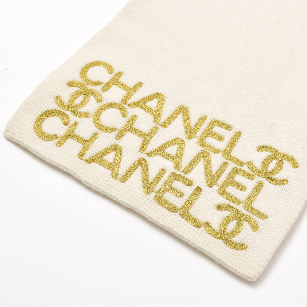 新品同様 CHANEL シャネル ロゴ刺繍 ココマーク マフラー スカーフ 飛びロゴ マトラッセ柄 ウール カシミヤ アイボリー ゴールド 中古 4c074017