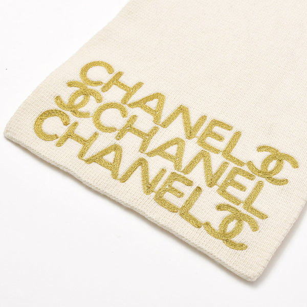 新品同様 CHANEL シャネル ロゴ刺繍 ココマーク マフラー スカーフ 飛びロゴ マトラッセ柄 ウール カシミヤ アイボリー ゴールド 中古 4c074017