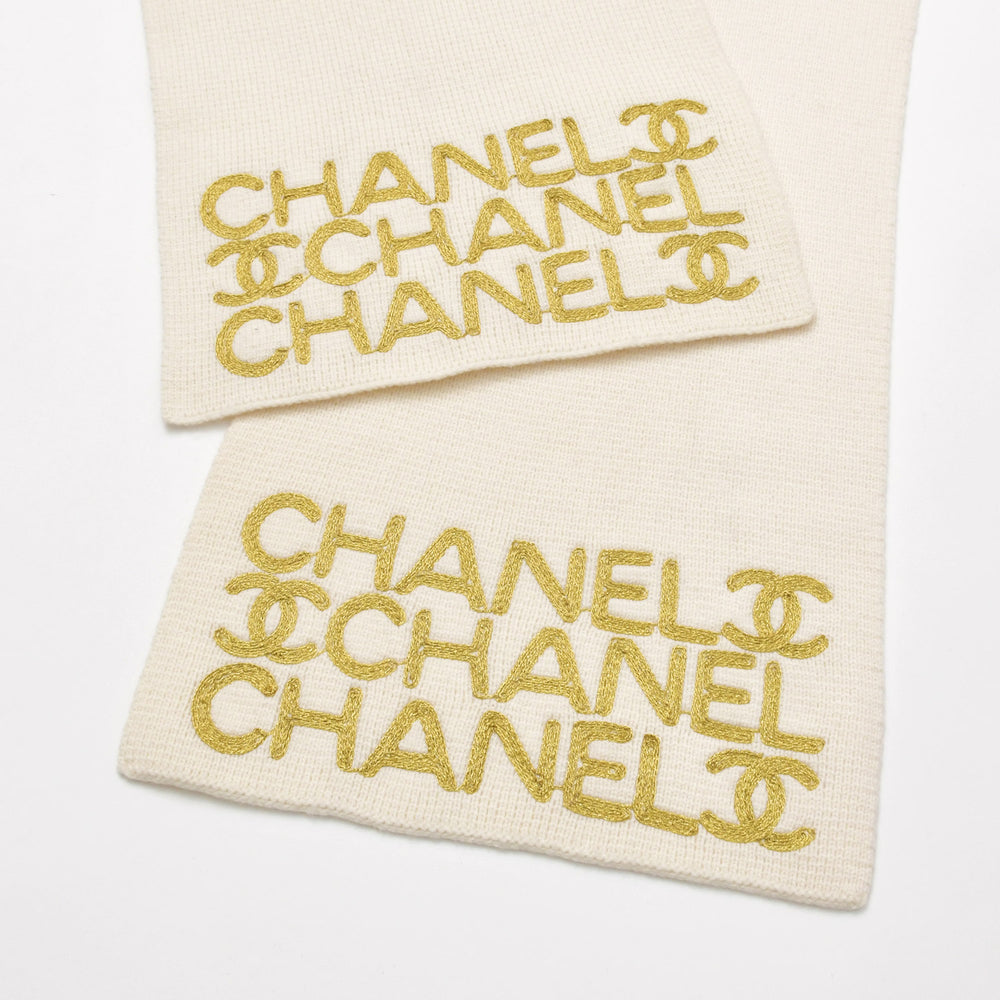 Like new CHANEL CHANEL logo embroidery here mark muffler scarf flying logo matelasse pattern wool cashmere ivory gold used 4c074017