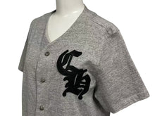 画像をギャラリービューアに読み込む, CHROME HEARTS クロムハーツ ベースボールシャツ サイズS クロスボールボタン レザーロゴパッチ グレー シルバー925 美品 中古 4c074111