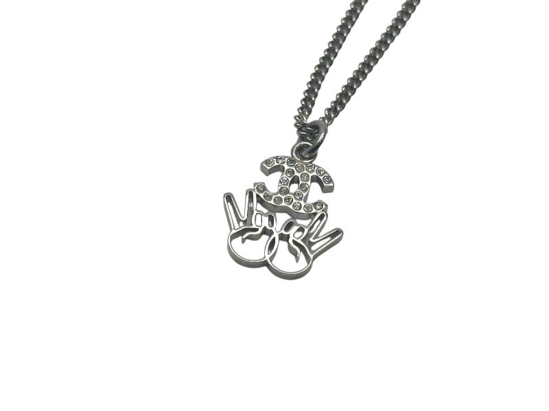 極美品 CHANEL シャネル ココマークダブルピース ネックレス ラインストーン 2WAY アクセサリー B16K刻印 メタル シルバー 中古 4c074260