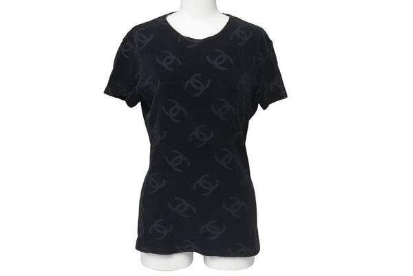 Very Good Condition CHANEL Coco Mark Velor Tops T-shirt P06933V04730 Size 40 Vintage Black All Over Pattern Used 4c074265