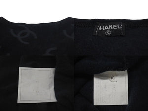 Very Good Condition CHANEL Coco Mark Velor Tops T-shirt P06933V04730 Size 40 Vintage Black All Over Pattern Used 4c074265