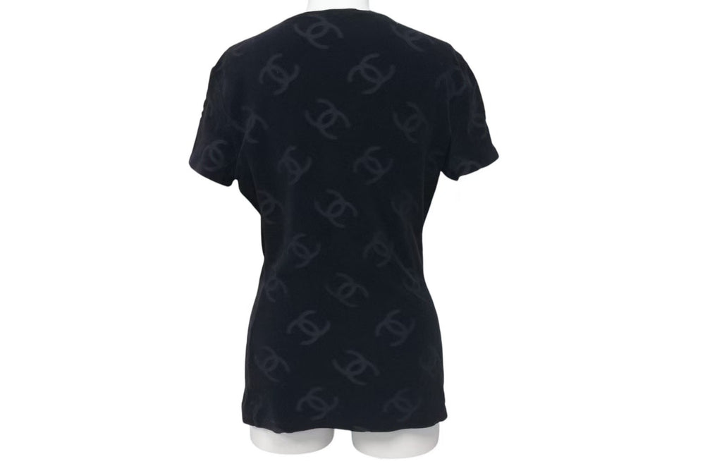 極美品 CHANEL シャネル ココマーク ベロア トップス Tシャツ P06933V04730 サイズ40 ヴィンテージ ブラック 総柄 中古 4c074265