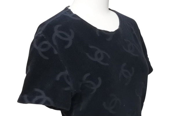 Very Good Condition CHANEL Coco Mark Velor Tops T-shirt P06933V04730 Size 40 Vintage Black All Over Pattern Used 4c074265