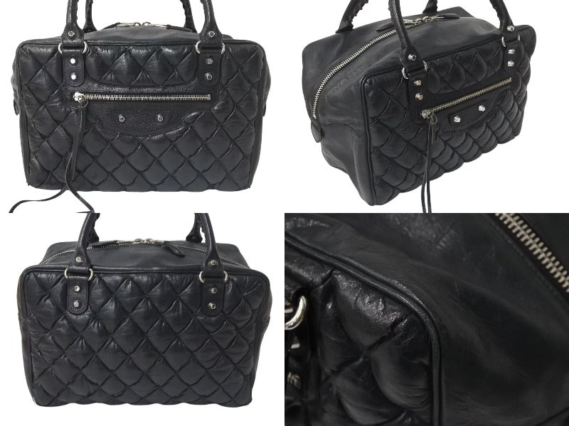 BALENCIAGA バレンシアガ マトラッセ シティ ハンドバッグ ブラック カーフ シルバー金具 ミニボストン 鞄 168031 美品 中古 4c074324