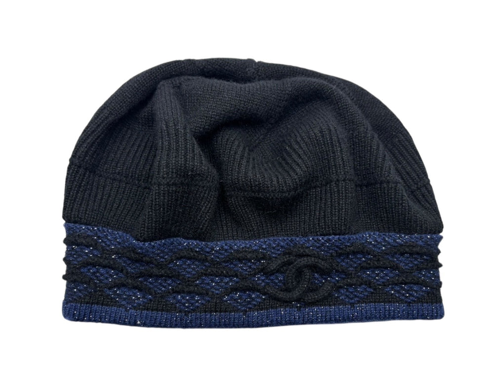 CHANEL Chanel beret knit cap knit beret here mark black blue metal fiber hat good condition used 4c074476