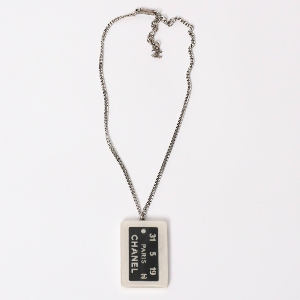 CHANEL Plate Necklace Necklace White x Silver Silver Chain Weight Approx. 16.63g Good Condition Used 4c074903