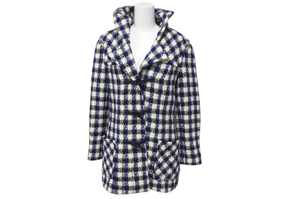 CHANEL Duffle coat P29308V19352 Size 38 Here mark Hooded Plaid pattern Blue Black White Good condition Used 4c075094