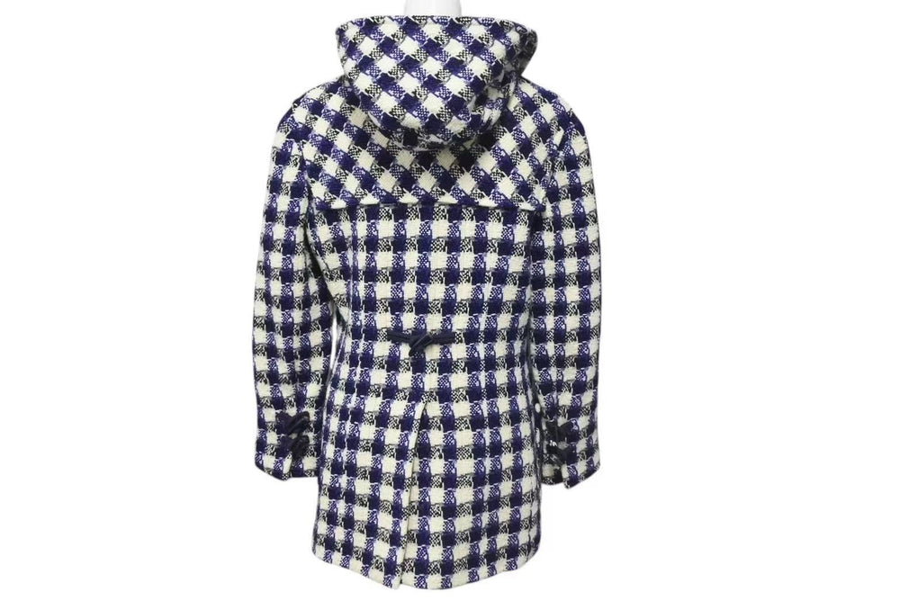 CHANEL シャネル ダッフルコート P29308V19352 サイズ38 ココマーク フード付き チェック柄 ブルー ブラック ホワイト 美品 中古 4c075094