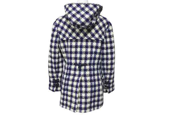 CHANEL Duffle coat P29308V19352 Size 38 Here mark Hooded Plaid pattern Blue Black White Good condition Used 4c075094